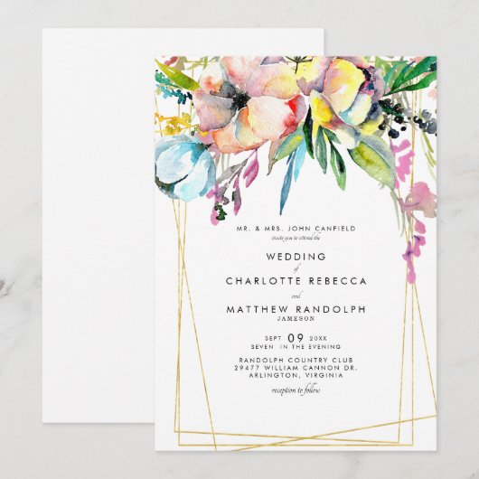 Invitation Mariage Floral Aquarelle Multicolore (Devant / Derrière)