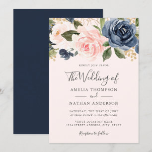 Invitation Mariage Floral Aquarelle Navy et Pêche