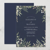 Invitation Mariage Floral Aquarelle Navy Evergreen (Devant / Derrière)