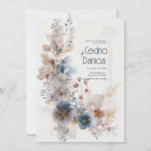 Invitation Mariage floral aquarelle or sur terre cuite bleue