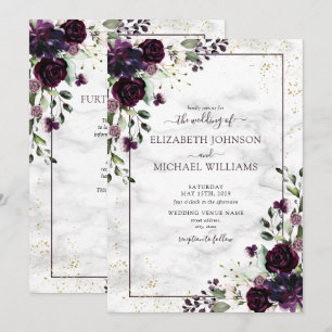 Invitation Mariage floral aquarelle or violet tout-en-un