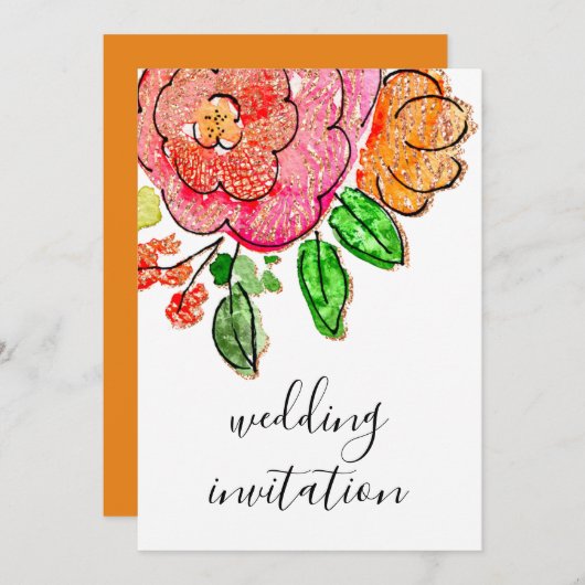 Invitation Mariage Floral Aquarelle Orange Rose Parties scint (Devant / Derrière)
