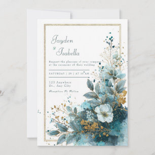 Invitation Mariage Floral Aquarelle Pailleté Bleu Azur et Or