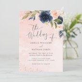 Invitation Mariage Floral Aquarelle Pailleté Navy Blush (Debout devant)