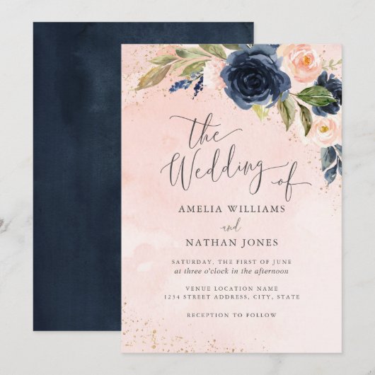 Invitation Mariage Floral Aquarelle Pailleté Navy Blush (Devant / Derrière)