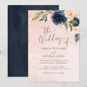 Invitation Mariage Floral Aquarelle Pailleté Navy Blush Or