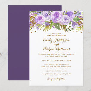 Invitation Mariage Floral Aquarelle Pailleté Or Violet