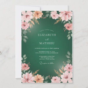 Invitation Mariage Floral Aquarelle Peche Emeraude