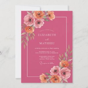 Invitation Mariage Floral Aquarelle Pêche Magenta