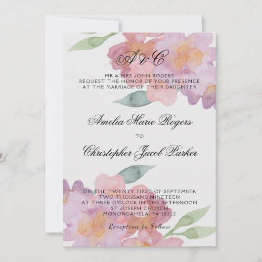 Invitation Mariage Floral Aquarelle Romantique (Devant)