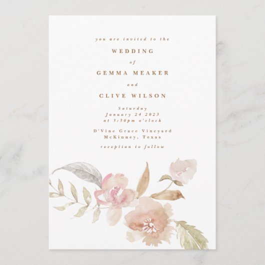 Invitation Mariage Floral Aquarelle Romantique Simple (Devant)
