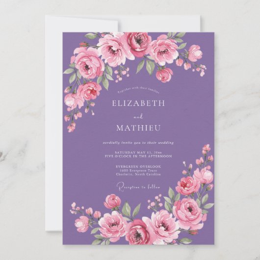Invitation Mariage Floral Aquarelle Rose Améthyste (Devant)