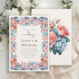 Invitation Mariage Floral Aquarelle Rose Bleu Romantique