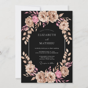 Invitation Mariage Floral Aquarelle Rose Champagne et Noir