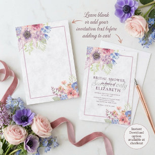 Invitation Mariage floral aquarelle rose et bleu clair vierge