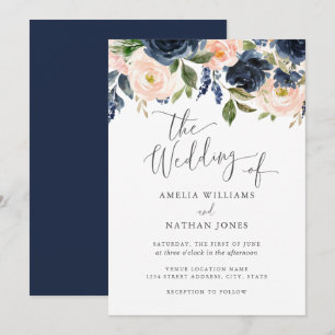 Invitation Mariage Floral Aquarelle Rose Navy