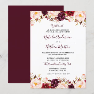 Invitation Mariage floral aquarelle rouge Bourgogne Marsala
