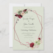 Invitation Mariage floral aquarelle rouge Bourgogne rose vert (Devant)
