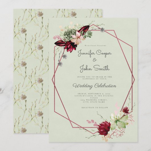 Invitation Mariage floral aquarelle rouge Bourgogne rose vert (Devant / Derrière)