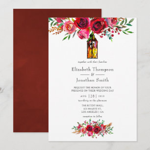 Invitation Mariage Floral Aquarelle Rouge Bourguignon Rustiqu