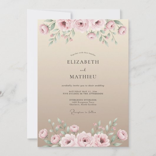 Invitation Mariage Floral Aquarelle Sable Rose (Devant)