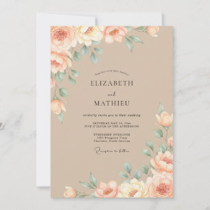 Invitation Mariage Floral Aquarelle Taupe Pêche
