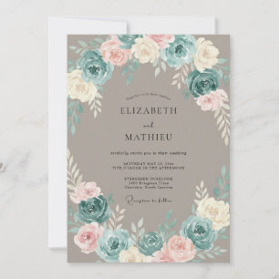 Invitation Mariage Floral Aquarelle Taupe Rose Teal