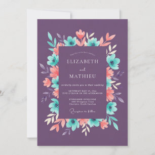 Invitation Mariage Floral Aquarelle Turquoise Pourpre Peche