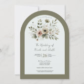 Invitation Mariage floral aquarelle vert olive kaki (Devant)