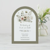 Invitation Mariage floral aquarelle vert olive kaki (Debout devant)