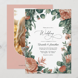 Invitation Mariage Floral Aquarelle Vert Sauge & Pêche Poussi
