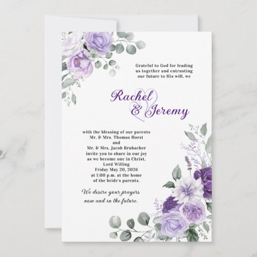 Invitation Mariage floral aquarelle violet élégant (Devant)