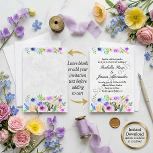 Invitation Mariage floral aquarelle violet et bleu uni