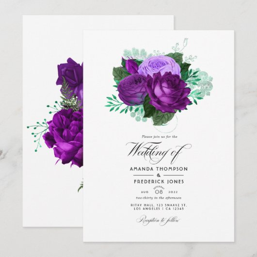 Invitation Mariage Floral Aquarelle Violet et Vert (Devant / Derrière)