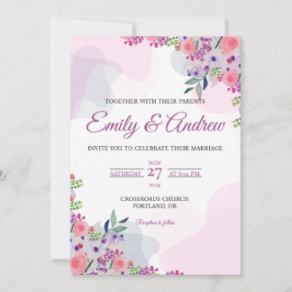 Invitation Mariage Floral Aquarelle Violet Rose Pastel