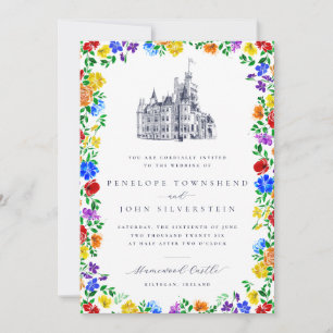Invitation Mariage Floral Arc-en-Ciel Château Élégant Vintage