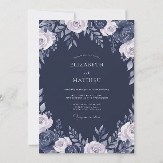 Invitation Mariage Floral Ardoise de Minuit (Devant)