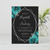 Invitation Mariage floral argent bleu sarcelle noir (Debout devant)