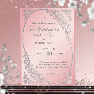 Invitation Mariage Floral Argent Pailleté Rose Foncé Métallis
