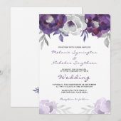 Invitation Mariage floral argenté pourpre 3963 d'aquarelle (Devant / Derrière)