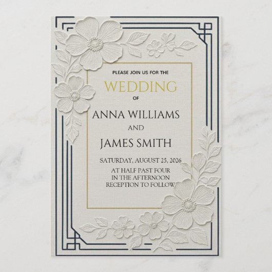 Invitation Mariage Floral Art Déco en Relief (Devant)