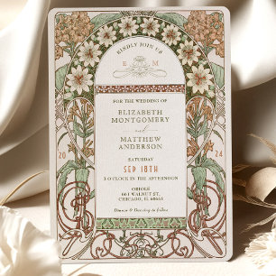 Invitation Mariage floral Art Nouveau sépia et crème