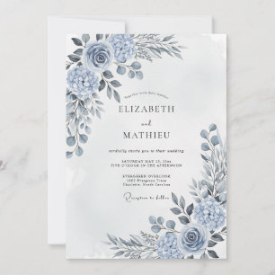Invitation Mariage Floral Artistique Bleu Acier