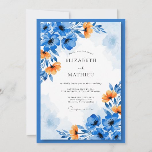 Invitation Mariage Floral Artistique Bleu Orange (Devant)