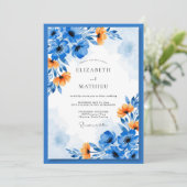 Invitation Mariage Floral Artistique Bleu Orange (Debout devant)
