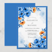 Invitation Mariage Floral Artistique Bleu Orange (Devant / Derrière)
