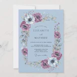 Invitation Mariage Floral Artistique Bleu Poussiéreux