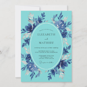 Invitation Mariage Floral Artistique Bleu Sarcelle
