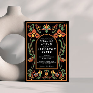 Invitation Mariage floral artistique vintage noir et orange 