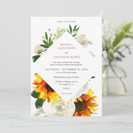 Invitation Mariage floral artsy tournesol et rose blanche (Debout devant)